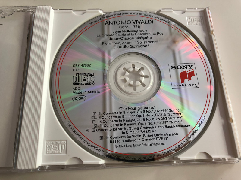 Vivaldi - The Four Seasons / Violin Concerto RV212a - Violin Concerto RV 581 / John Halloway - Piero Toso, Jean-Claude Malgorie / Claudio Scimone / Essential Classics / Audio CD 1991 / SBK 47 662 (5099704766225)
