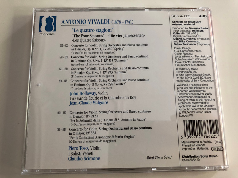 Vivaldi - The Four Seasons / Violin Concerto RV212a - Violin Concerto RV 581 / John Halloway - Piero Toso, Jean-Claude Malgorie / Claudio Scimone / Essential Classics / Audio CD 1991 / SBK 47 662 (5099704766225)