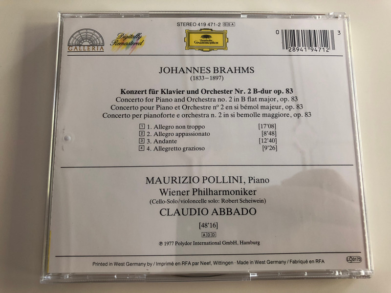 Johannes Brahms - Klavierkonzert Nr. 2 / Maurizio Pollini / Wiener Philharmoniker / Conducted by Claudio Abbado / Robert Scheiwein cello solo / Audio CD (028941947123)