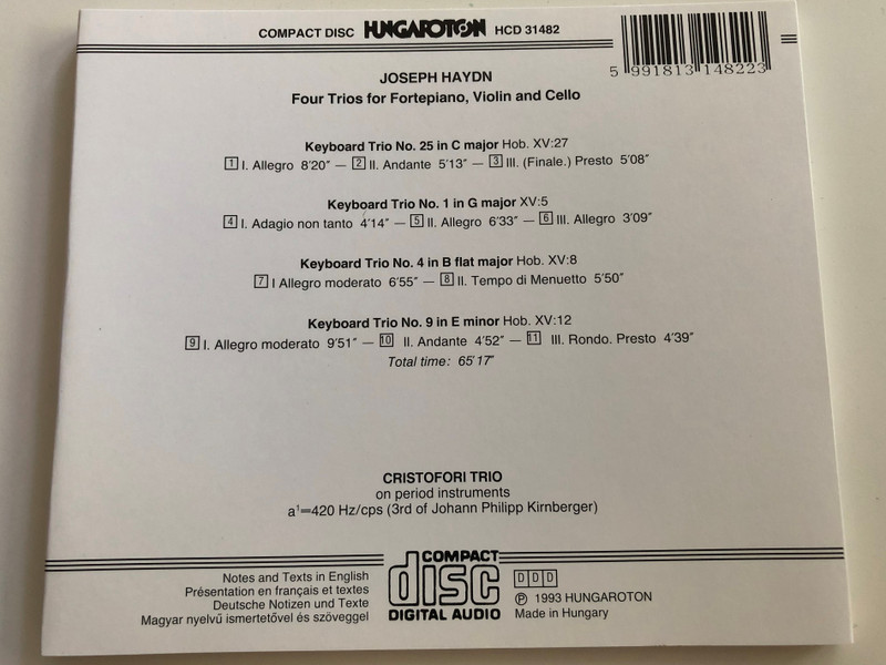 Joseph Haydn - Keyboard Trios - Hob. XV:5, 8, 12, 27 / Cristofori Trio on Authentic Instruments / Hungaroton Classic, HCD 31482 / Audio CD 1993 (5991813148223)