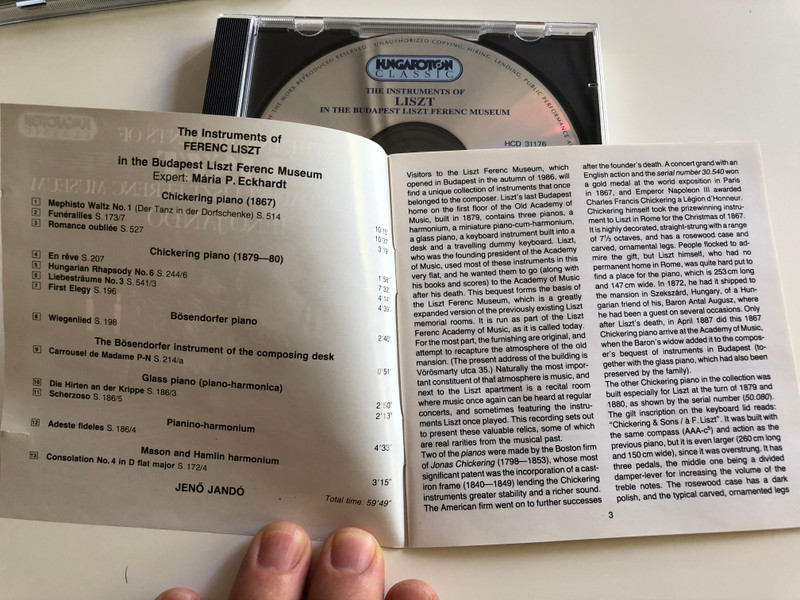 The Instruments of LISZT in the Budapest Liszt Ferenc Museum / Jenő Jandó piano / Hungaroton Classic / HCD 31176 / Audio CD 1994 (5991813117625)