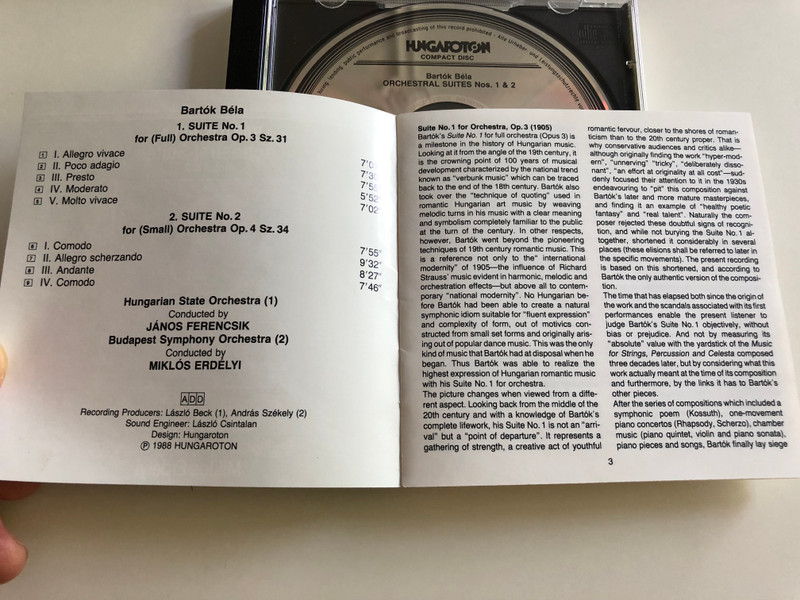 Bartók Béla - Orchestral Suites Nos. 1 & 2 / Hungarian State Orchestra / Conducted by János Ferencsik / Budapest Symphony Orchestra / Conducted by Miklós Erdélyi / HCD 31045 / Audio CD 1988 (HCD31045)