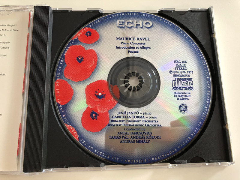 Ravel - Piano Concertos in G major - For the Left Hand - Pavane pour une infante défunte / Budapest Symphony Orchestra / Jenő Jandó & Gabriella Torma piano / Hungaroton Echo Collection / HRC 1037 / Audio CD 1999 (5991810103720)