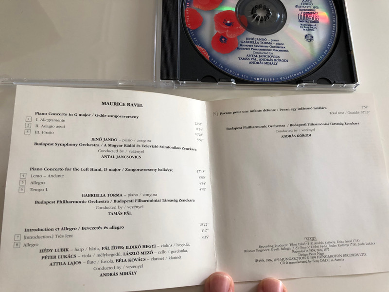Ravel - Piano Concertos in G major - For the Left Hand - Pavane pour une infante défunte / Budapest Symphony Orchestra / Jenő Jandó & Gabriella Torma piano / Hungaroton Echo Collection / HRC 1037 / Audio CD 1999 (5991810103720)