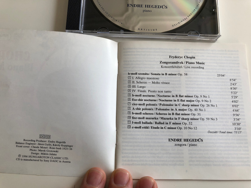 Chopin - Piano Music / Endre Hegedűs piano / Audio CD 1996 / Hungaroton HCD 31700 (5991813170026)