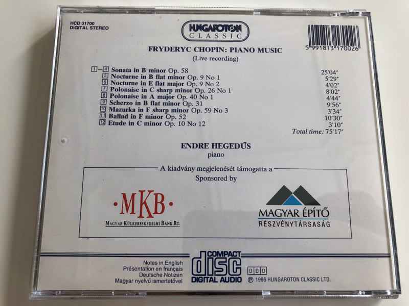 Chopin - Piano Music / Endre Hegedűs piano / Audio CD 1996 / Hungaroton HCD 31700 (5991813170026)