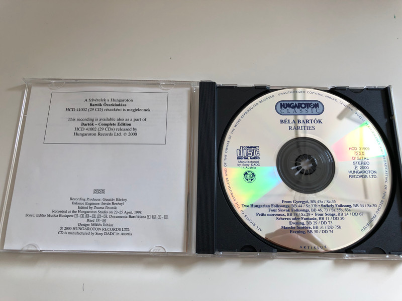  Bartók - Early Works and Rarities / First Recorded / Two Hungarian Folk songs, Székely Folk Songs, Four Slovak Folk Songs / Andrea Meláth, Emese Virág / Honvéd Ensemble Male Choir / Lead by András Tóth / Audio CD 2000 / HCD 31909 (5991813190925)