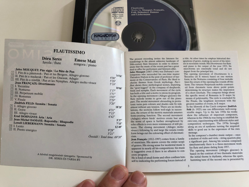Flautissimo / Mouquet, Francaix, Feld, Dohnányi, Damase, Liebermann / Dóra Seres, Flute / Emese Mali, piano / Audio CD 2004 / HCD 32299 / Hungaroton (5991813229922)