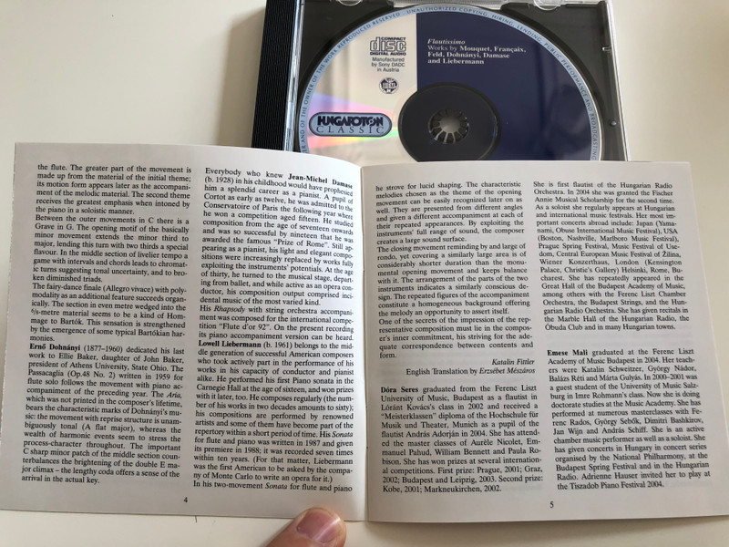 Flautissimo / Mouquet, Francaix, Feld, Dohnányi, Damase, Liebermann / Dóra Seres, Flute / Emese Mali, piano / Audio CD 2004 / HCD 32299 / Hungaroton (5991813229922)