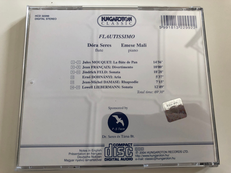Flautissimo / Mouquet, Francaix, Feld, Dohnányi, Damase, Liebermann / Dóra Seres, Flute / Emese Mali, piano / Audio CD 2004 / HCD 32299 / Hungaroton (5991813229922)