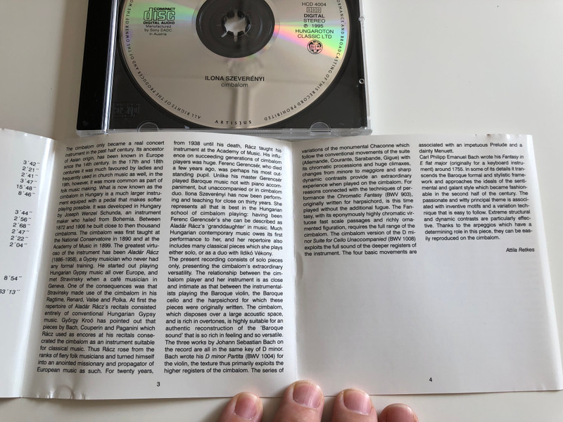 Johann Sebastian Bach - Partita in D minor BWV 1004, Fantasy in D minor (Chromatic) BWV 903, Suite in D minor BWV 1008 / Carl Philipp Emanuel Bach - Fantasy in E flat major / Ilona Szeverényi cymbal / Hungaroton / Audio CD 1995 / HCD 4004 (5991810400423)