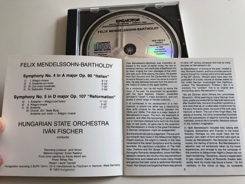 Mendelssohn - Symphony No. 4 "Italian", Symphony No. 5 "Reformation" / Hungarian State Orchestra / Conducted by Iván Fischer / Hungaroton Audio CD 1983 / HCD 12414-2 (HCD12414-2)