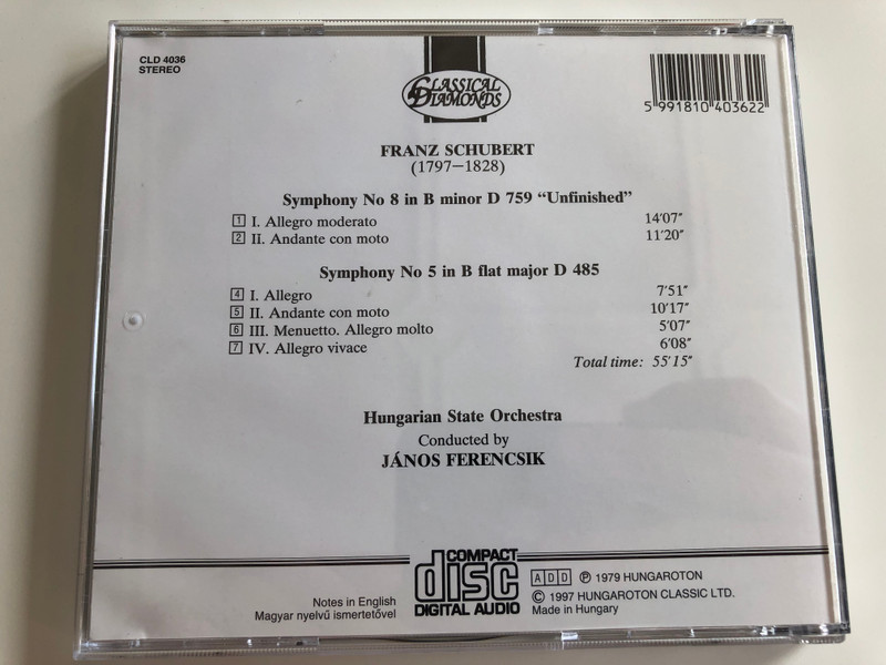 Schubert Symphonies No. 8 in B Minor "unfinished", No. 5 in B flat major / Hungarian State Orchestra / János Ferencsik / Hungaroton Classic CLD 4036 / Audio CD 1997 (5991810403622)