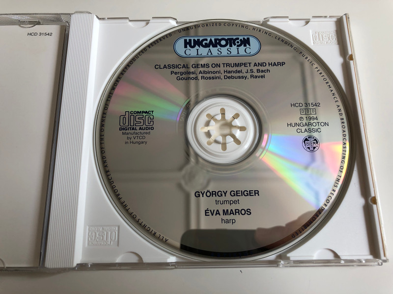Classical Gems on Trumpet and Harp / György Geiger, Éva Maros / Pergolesi, Albinoni, Handel, Bach, Schubert, Rossini, Ravel, Debussy / Hungaroton Classic / HCD 31542 / Audio CD 1994 (5991813154224)