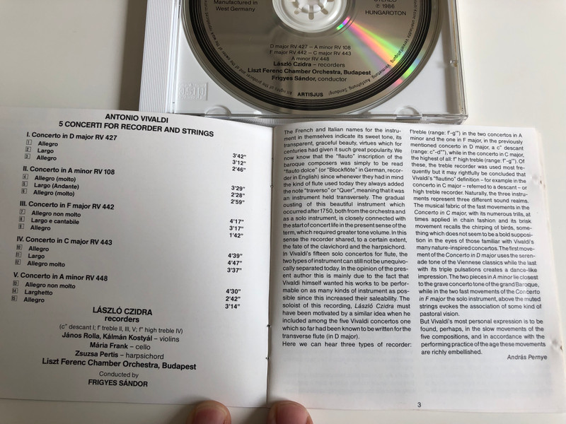 Antonio Vivaldi - Five Concerti for Recorder and strings / László Czidra / Liszt Ferenc Chamber Orchestra, Budapest / Conducted by Frigyes Sándor / HCD 11671-2 / Hungaroton Audio CD 1986 (HCD11671-2)