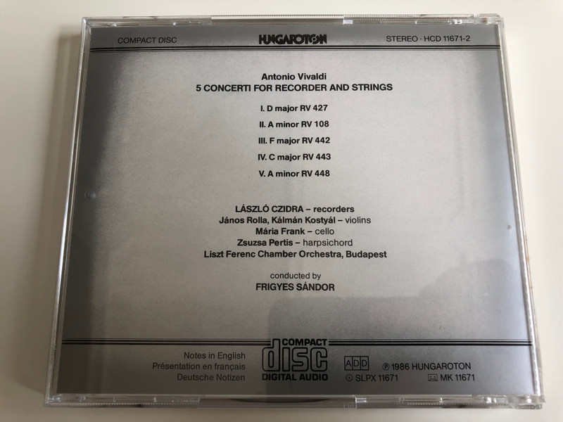Antonio Vivaldi - Five Concerti for Recorder and strings / László Czidra / Liszt Ferenc Chamber Orchestra, Budapest / Conducted by Frigyes Sándor / HCD 11671-2 / Hungaroton Audio CD 1986 (HCD11671-2)