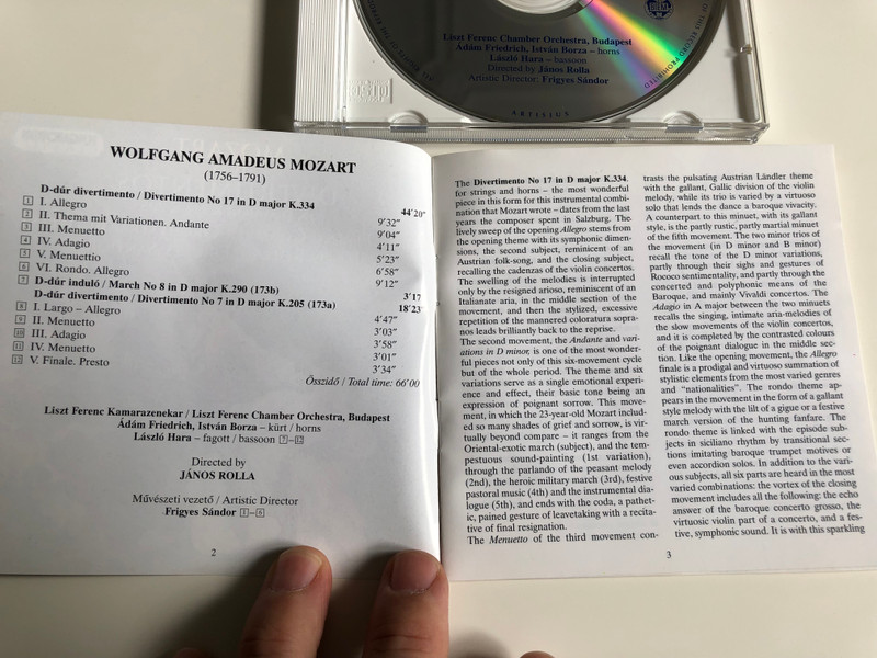 Mozart - Two Divertimentos in D major K.334 & 205 / Liszt Ferenc Chamber Orchestra, Budapest / Conducted by János Rolla, Frigyes Sándor / Hungaroton / Audio CD 2002 / HCD 31995 (5991813199522)