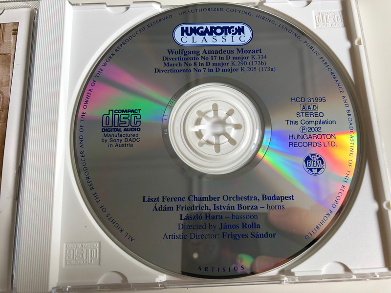 Mozart - Two Divertimentos in D major K.334 & 205 / Liszt Ferenc Chamber Orchestra, Budapest / Conducted by János Rolla, Frigyes Sándor / Hungaroton / Audio CD 2002 / HCD 31995 (5991813199522)