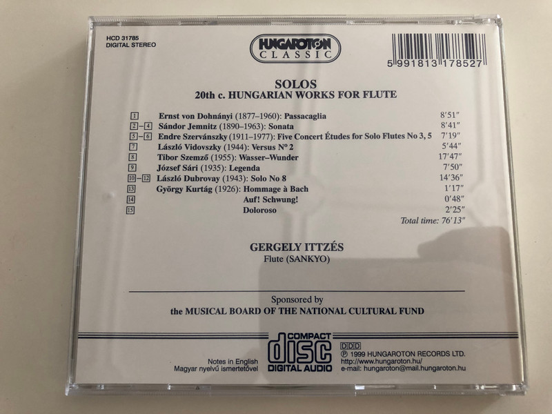 Solos / 20th c. Hungarian Works for Flute / Dohnányi, Jemnitz, Szervánszky, Vidovszky, Szemző, J. Sári, Dubrovay, Kurtág / Gergely Ittzés flute / Hungaroton Classic / HCD 31785 / Audio CD 1999 (5991813178527)