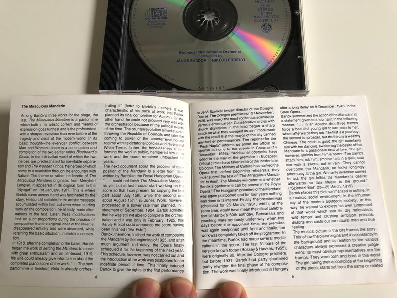 Bartók - The Miraculous Mandarine pantomime / Two Portraits, Two Pictures / Budapest Philharmonic Orchestra / Conducted by János Sándor, Miklós Erdélyi / Hungaroton HCD 31049 / Audio CD 1994 (5991813104922)