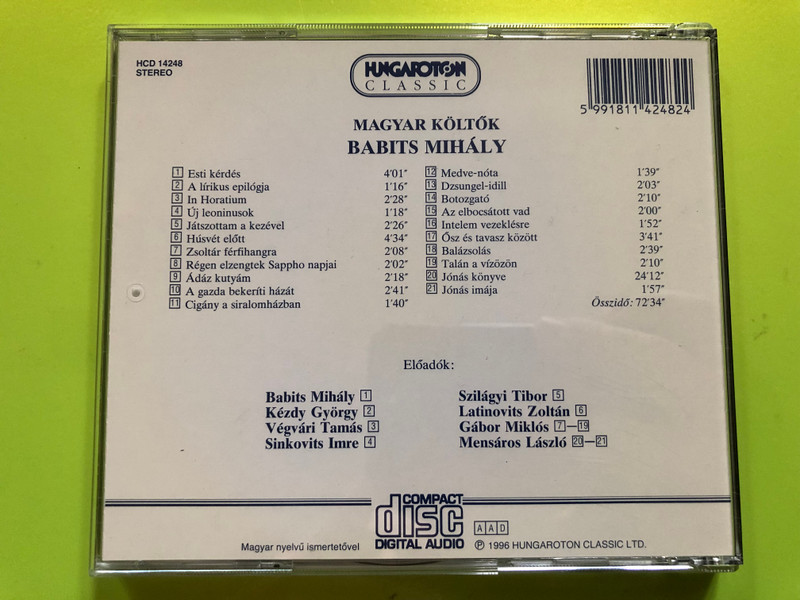 Magyar Költők - Babits Mihály / Esti kérdés, In Horatium, Húsvét előtt / Hungarian Poems read by Kézdy György, Végvári Tamás, Sinkovits Imre, Szilágyi Tibor, Latinovits Zoltán, Gábor Miklós, Ménsáros László / HCD 14248 / Audio CD 1996 (5991811424824)