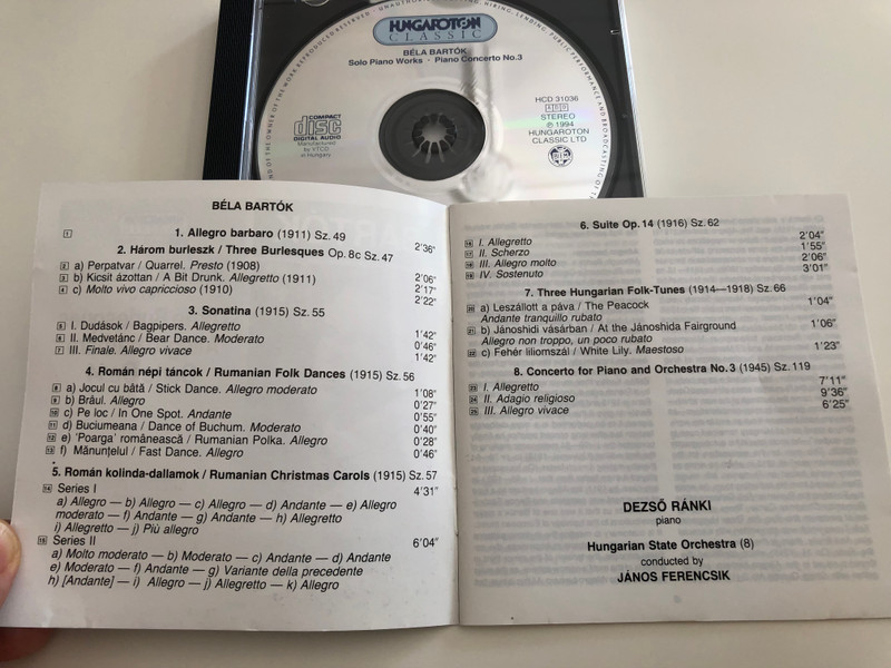 Bartók - Piano Concerto No. 3 / Three Burlesques, Allegro barbaro, Suite Op. 14 / Dezső Ránki piano / Hungarian State Orchestra / Cond. János Ferencsik / Hungaroton / HCD 31036 / Audio CD 1994 (5991813103628)
