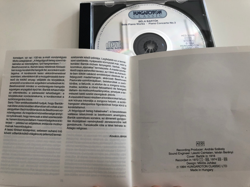 Bartók - Piano Concerto No. 3 / Three Burlesques, Allegro barbaro, Suite Op. 14 / Dezső Ránki piano / Hungarian State Orchestra / Cond. János Ferencsik / Hungaroton / HCD 31036 / Audio CD 1994 (5991813103628)