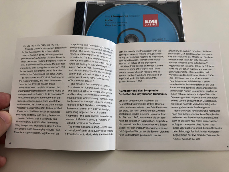 Mahler - The Klemperer legacy / Symphonie 2 Auferstehung - Resurrection / Heather Harper, Janet Baker / Chor und Symphonie-Orchester des Bayerischen Rundfunks / Live Recording - First Authorised Release / Emi Classics / Audio CD 1998 (724356686724)