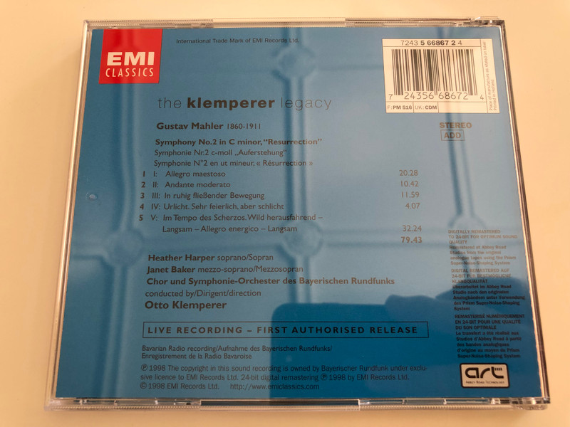 Mahler - The Klemperer legacy / Symphonie 2 Auferstehung - Resurrection / Heather Harper, Janet Baker / Chor und Symphonie-Orchester des Bayerischen Rundfunks / Live Recording - First Authorised Release / Emi Classics / Audio CD 1998 (724356686724)