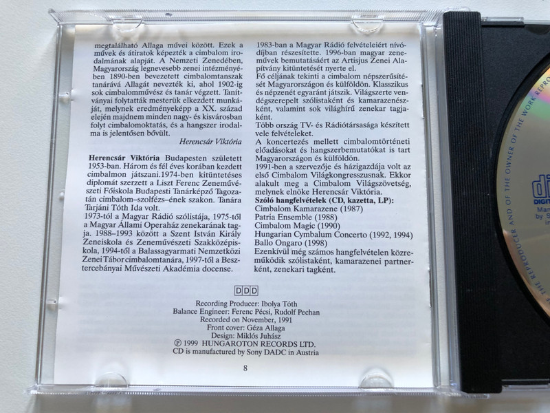 Géza Allaga - Hugnarian Concerto / Viktória Herencsár, Hungarian Hammered Dulcimer / Hungaroton / HCD 31825 / Audio CD 1999 / Allaga Géza: Magyar cimbalomkoncert