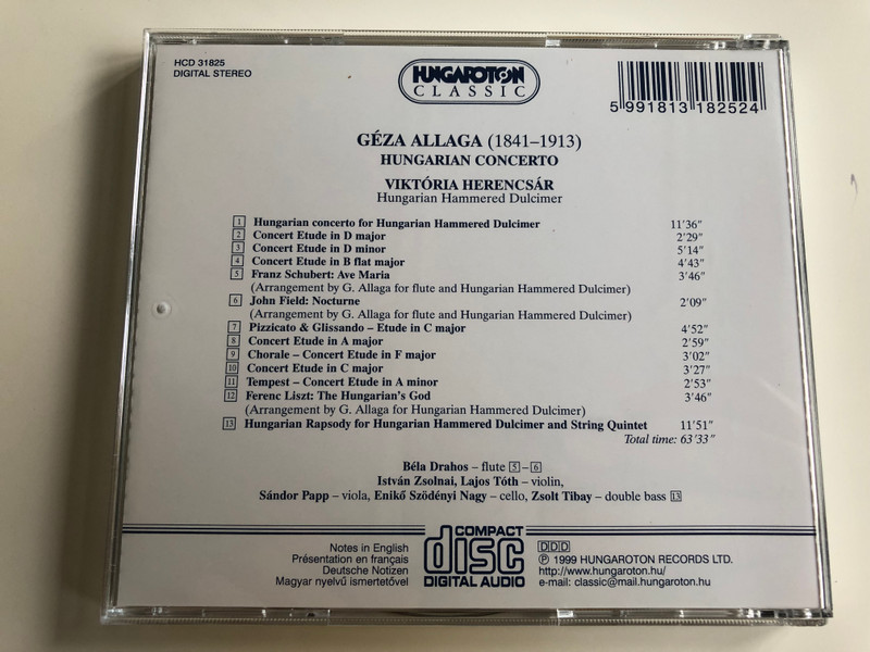 Géza Allaga - Hugnarian Concerto / Viktória Herencsár, Hungarian Hammered Dulcimer / Hungaroton / HCD 31825 / Audio CD 1999 / Allaga Géza: Magyar cimbalomkoncert