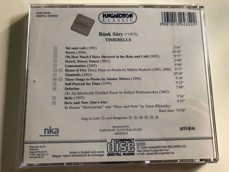 Bánk Sáry - Timebells / Hungaroton Audio CD 2006 / HCD 32435 (5991813243522)