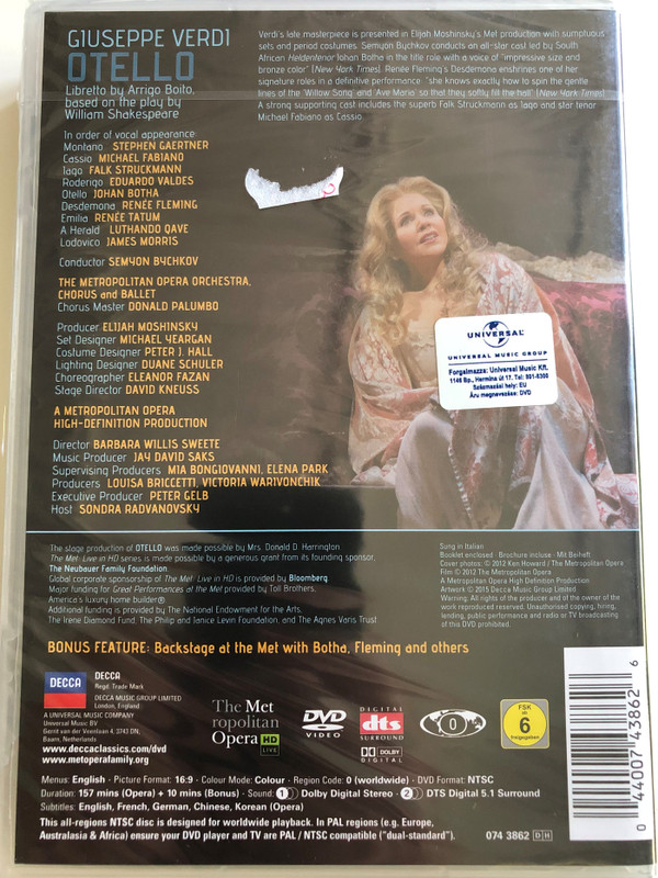 Verdi - Otello DVD 2012 / Johan Botha, Renée Fleming, Falk Struckmann / The Metropolitan Opera Orchestra, Chorus adn Ballet / Conducted by Semyon Bychkov / Directed by Barbara Willis Sweete (044007438626)