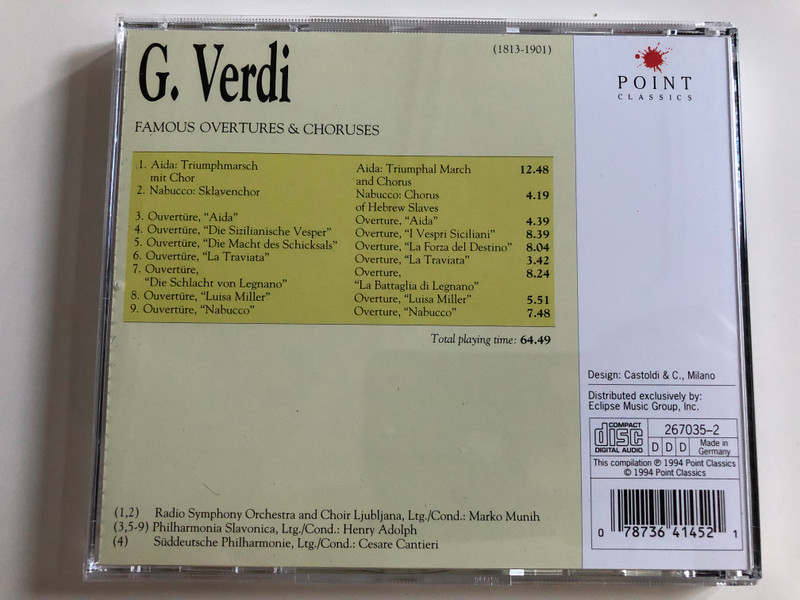Verdi - Famous Overtures & Choruses / Radio Symphony Orchestra and Choir Ljubljana / Conducted by Marko Munih / Philharmonica Slavonica / Conducted by Henry Adolph / Point Classics Audio CD 1994 (078736414521)