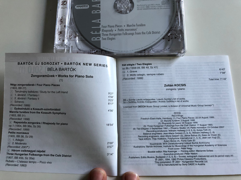 Béla Bartók - Works for Piano Solo (1) / Zoltán Kocsis / Four Piano Pieces, Marche funébre, Rhapsody, Petits morceaux, Three Hungarian Folksongs from the Csík District, Two Elegies / Hungaroton Audio CD 2007 / HCD32524 (5991813252425)