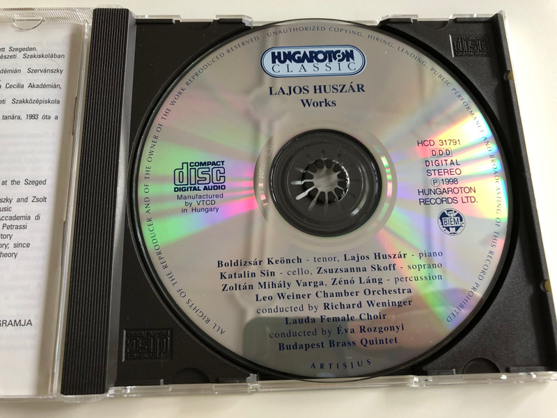 Lajos Huszár / The 69th Psalm, Brass Quintet, Songs of Loneliness, Chamber Concerto for Cello and 17 strings, Dies sanctificatus / Hungaroton Classic Audio CD 1998 / HCD 31791 (5991813179128)