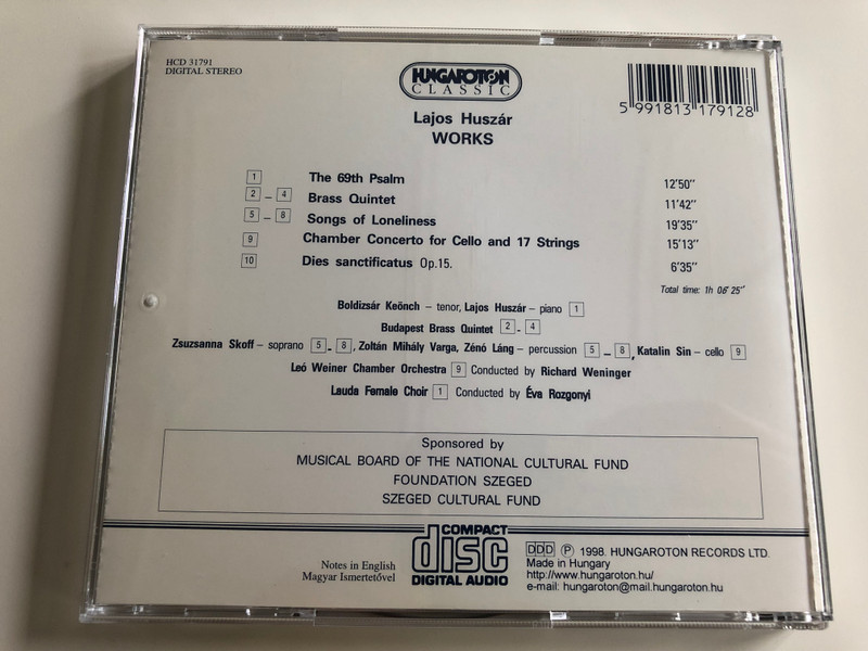 Lajos Huszár / The 69th Psalm, Brass Quintet, Songs of Loneliness, Chamber Concerto for Cello and 17 strings, Dies sanctificatus / Hungaroton Classic Audio CD 1998 / HCD 31791 (5991813179128)