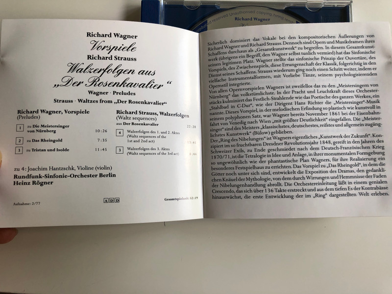Richard Wagner Vorspiele / Richard Strauss Walzer aus "Der Rosenkavalier" / Wagner - preludes / Joachim Hantzschk violin, Rundfunk-Sinfonie-Orchester Berlin / Conducted by Heinz Rögner / Audio CD 1990 (4101380151316)