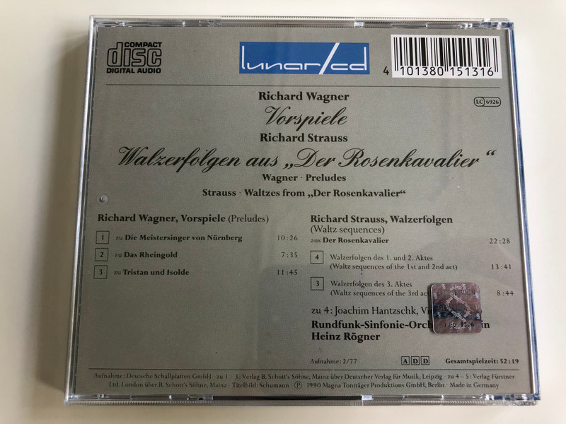 Richard Wagner Vorspiele / Richard Strauss Walzer aus "Der Rosenkavalier" / Wagner - preludes / Joachim Hantzschk violin, Rundfunk-Sinfonie-Orchester Berlin / Conducted by Heinz Rögner / Audio CD 1990 (4101380151316)