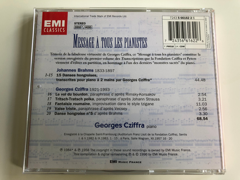 Georges Cziffra - Message á tous les pianistes (Message to All Pianists ) / Emi Classics / Audio CD 1996 (724356616226)