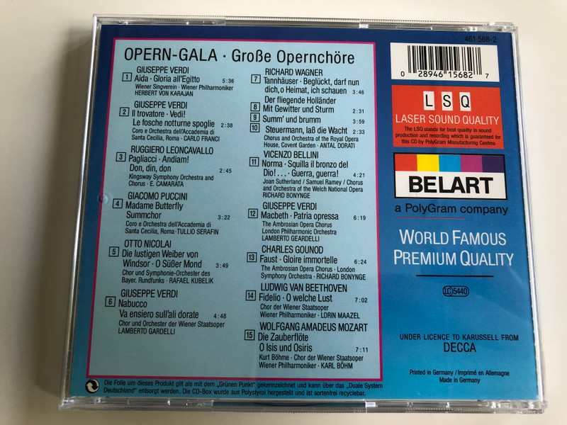 Opern-Gala - Großе Opernchöre / Verdi, Puccini, Wagner, Beethoven, Mozart / Conducted by Herbert von Karajan, Rafael Kubelik, Karl Böhm, Lorin Maazel / Audio CD / 461 568-2 