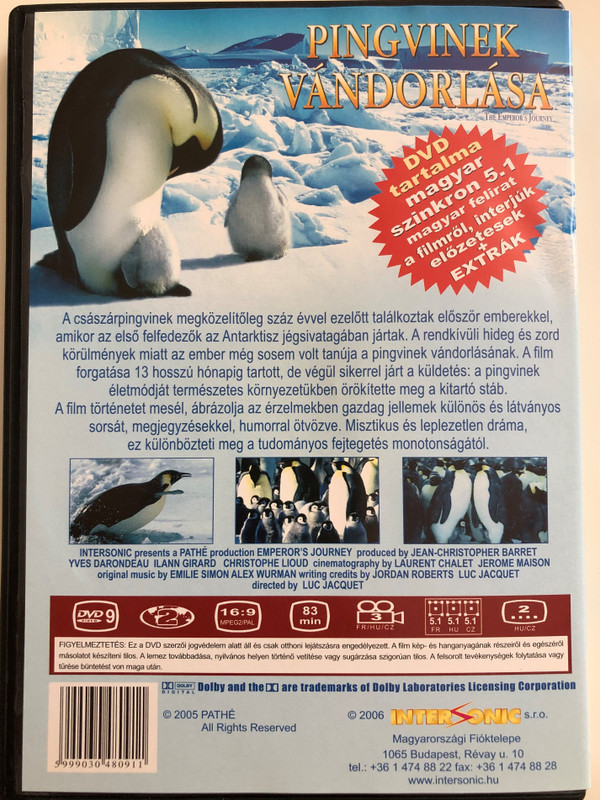  La Marche de l'empereur (The Emperor's Journey) DVD 2005 Pingvinek Vándorlása / Directed by Luc Jacquet / Narrated by Charles Berling (French), Romane Bohringer (French), Jules Sitruk (French), Morgan Freeman (English) / Documentary about penguin migration (5999030480911)