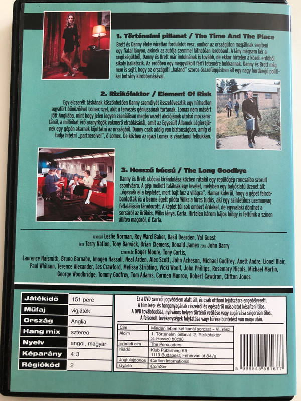 The Persuaders series vol 6. DVD 1971 Minden lében két kanál sorozat 6. rész / Directed by Leslie Norman, Roy Ward Baker, Basil Dearden, Val Guest / Starring: Roger Moore, Tony Curtis, Laurence Naismith, Bruno Barnabe, Imogen Hassal / 3 episodes on DVD (5999545581677)