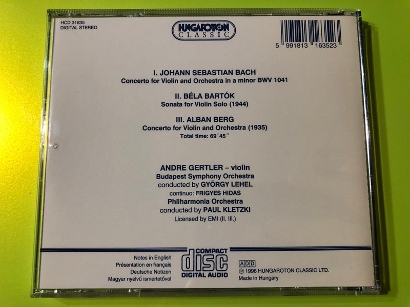 Bach – Bartók – Berg: André Gertler Violin Interpretations (Hungaroton Audio CD 1996) (5991813163523)