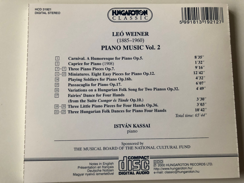 Weiner - Carnival, Miniature Pictures, Prelutio, Notturno e Scherzo - István Kassai piano / Hungaroton Classic Audio CD 2000 / HCD 31921 (5991813192127)