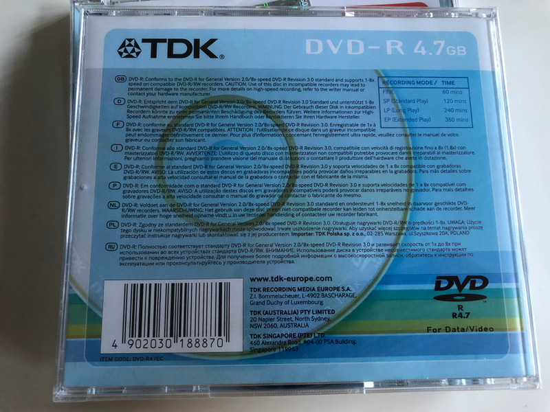 TDK DVD-R / Recordable - Inscriptible / R 4.7 Data / Video / 1-8x speed / 4.7 GB Single sided (4902030188870)