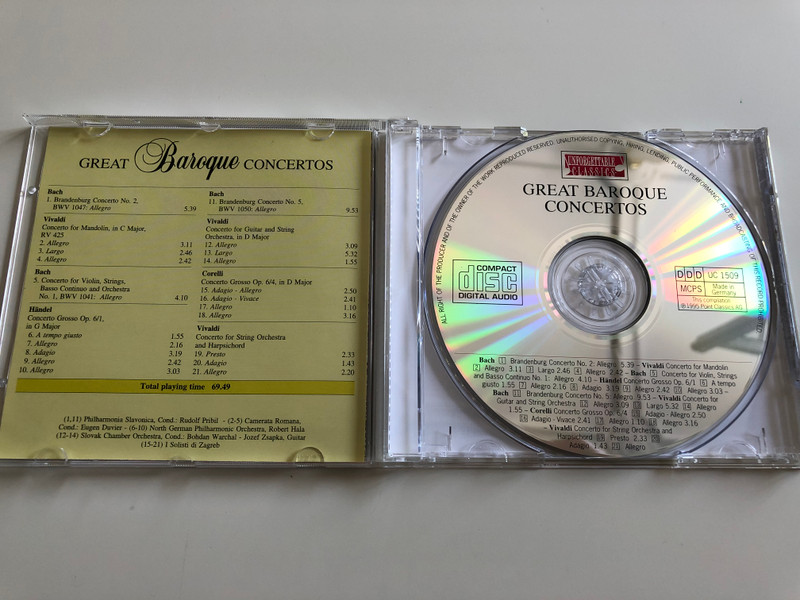 Great Baroque Concertos / Bach: Brandenburg concerti 2 & 5, Vivaldi: Concerti for Mandolin and Guitar, Händel: Concerto Grosso / Unforgettable Classics / Audio CD 1995 / UC 1509 (714151150926)