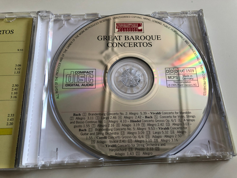 Great Baroque Concertos / Bach: Brandenburg concerti 2 & 5, Vivaldi: Concerti for Mandolin and Guitar, Händel: Concerto Grosso / Unforgettable Classics / Audio CD 1995 / UC 1509 (714151150926)