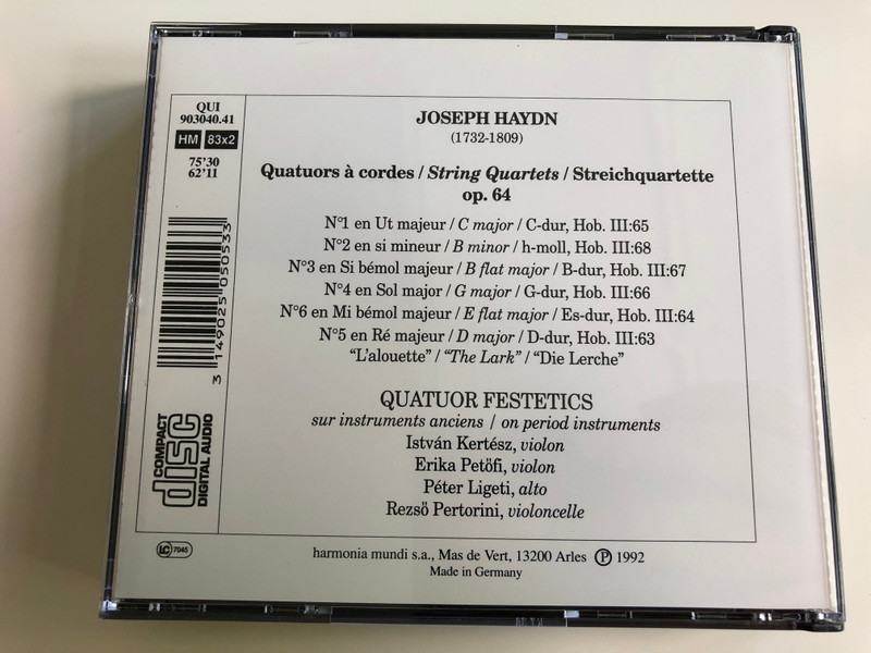 Joseph Haydn - Quatuors Op.64 / Quator Festetics on period instrument / Audio CD 1992 / Qui 903040.41 / 2 CD (3149025050533)