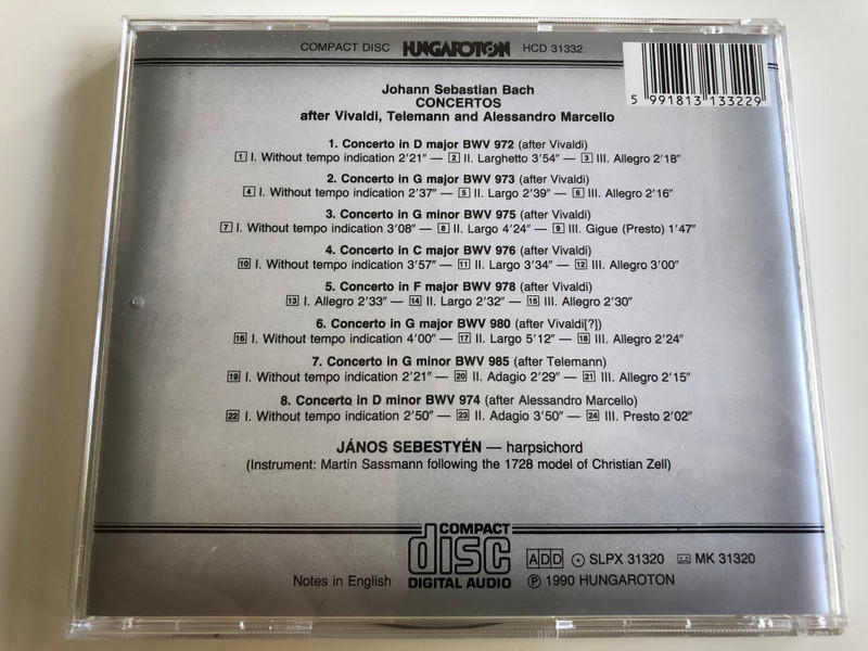 Johann Sebastian Bach - Concertos after Vivaldi, Telemann, Alessandro Marcello / János Sebestyén Harpsichord / Hungaroton Classic Audio CD 1990 / HCD 31332 (5991813133229)